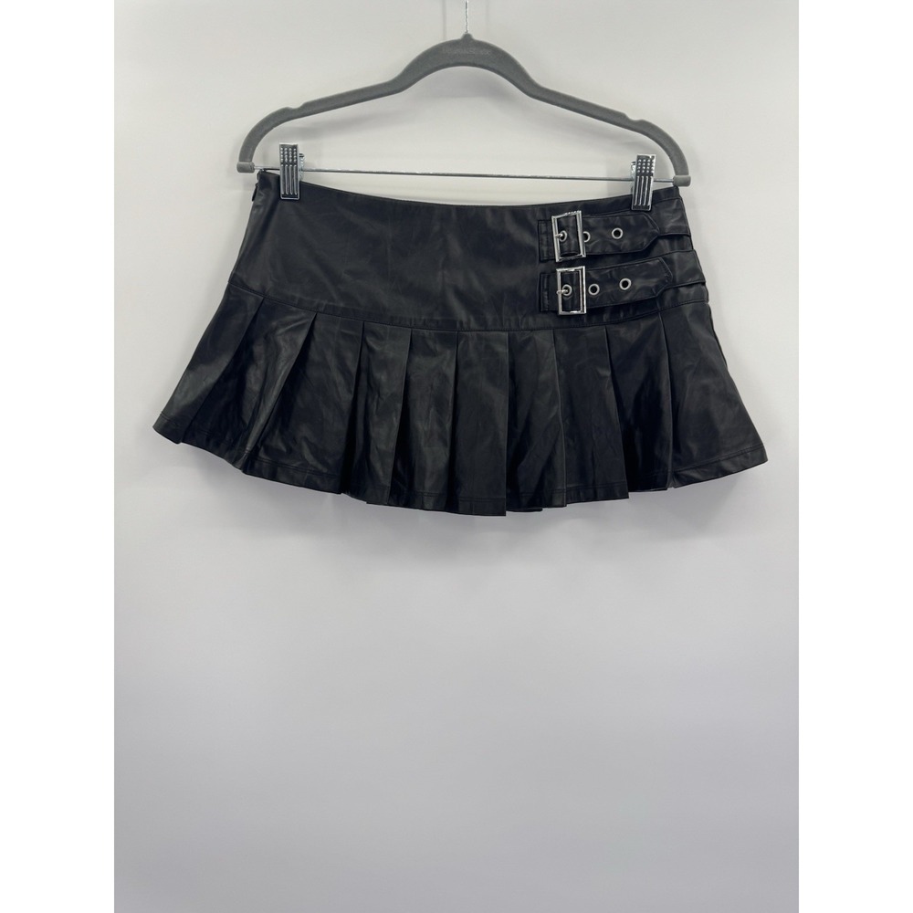 Whimsigoth Y2K Pleated Mini Micro Faux Leather Double Belt Skirt M Goth Punk